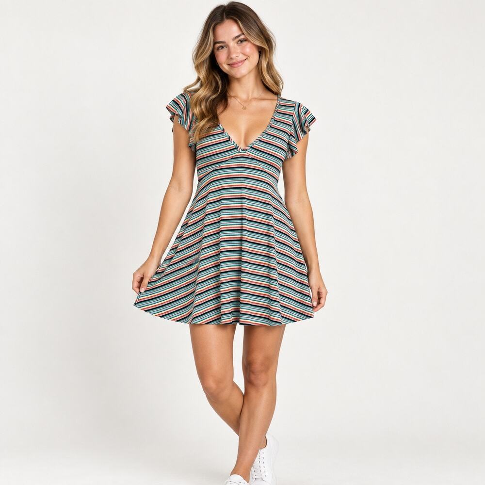 Wild Fable Dress Womens XL Multicolor Micro Striped V-Neck A-Line Ribbed NWT